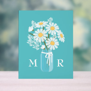 Wedding Daisies Mason Jar Monogram Initial Teal Acrylic Sign