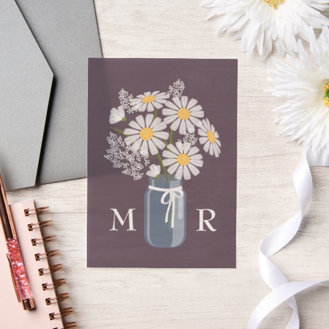 Wedding Daisies Mason Jar Monogram Initials Dark Vellum Invitations (Wedding)