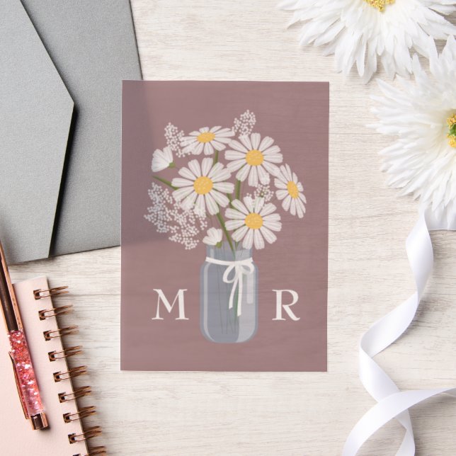 Wedding Daisies Mason Jar Monogram Initials Pink Vellum Invitations (Wedding)