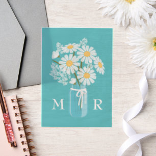 Wedding Daisies Mason Jar Monogram Initials Teal Vellum Invitations