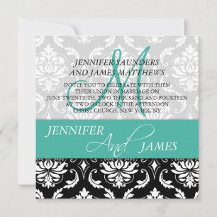 Wedding Damask Monogram Name Turquoise Invitations