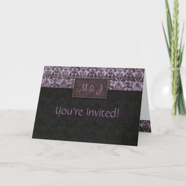 Wedding Damask Purple Black Invitation Card (Front)