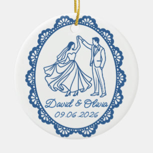 Wedding Dance Couple Names & Date Line Art Ceramic Tree Decoration
