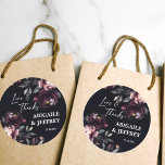 Wedding dark moody peonies thank you favour classic round sticker<br><div class="desc">Wedding dark moody burgundy peonies personalised wine labels wedding favours personalised wedding tableware.</div>