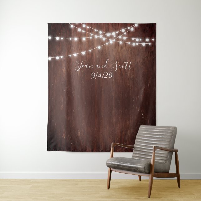 Wedding Dark Rustic String Lights Wood Lights Tapestry (In Situ)