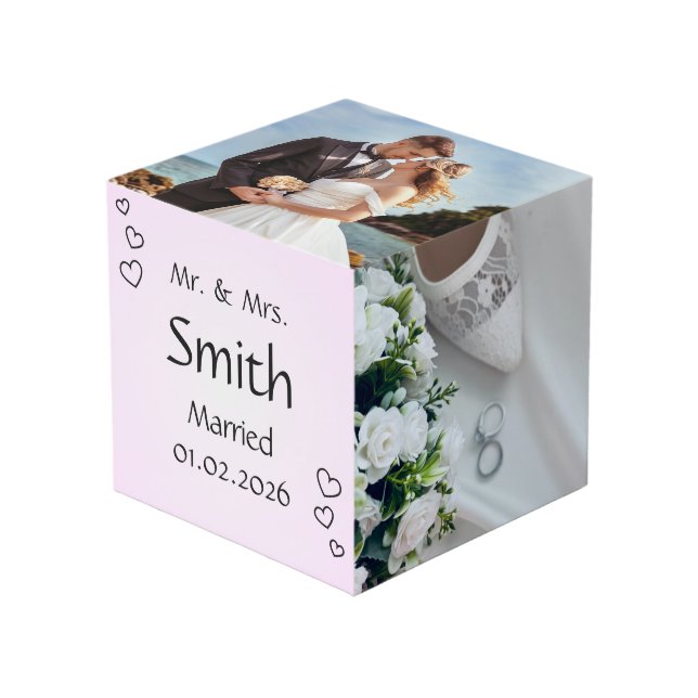 Wedding Date and Anniversary Heart Bordered Cube (Front Angled)