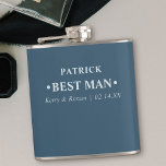 Wedding Date and Names Blue Personalised Best Man Hip Flask<br><div class="desc">Personalised Hip Flasks are great wedding keepsake gifts for the best man and groomsmen. This minimalist typography design is lettered in modern, bold typography and can be customised for each of the groom's party. The name template is set up ready for you to add the groomsman's name, the bride and...</div>