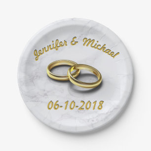 Wedding Date Bride & Groom Customisable Gold Rings Paper Plate