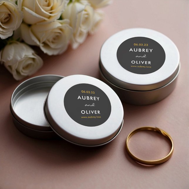Wedding Date Couple Names Black Gold Favour Classic Round Sticker (Stickers on Wedding Favor Tins)