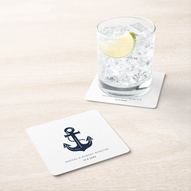 Wedding Date Nautical Theme Wedding Anchor Blue Square Paper Coaster (Insitu)