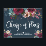 Wedding Date Postponed Burgundy Navy Floral Announcement Postcard<br><div class="desc">Event postponed announcement template - burgundy red navy floral change of date postcard. Chich burgundy, marsala, navy painted watercolor roses, botanical blush floral arrangement wedding design with green leaves on dark navy blue background. Feature an elegant handwritten typography design with saying „Change of Plans”. At the backing you can change...</div>