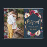 Wedding Date Postponed Burgundy Navy Floral Announcement Postcard<br><div class="desc">Event postponed announcement template - burgundy red navy floral change of date postcard. Modern, Elegant, Burgundy Marsala Red Navy Watercolor Floral Unsave the Date Photo postcard. Chich burgundy, marsala, peach navy painted watercolor roses, botanical blush floral arrangement wedding design with geometric frame on navy background. Feature an elegant handwritten typography...</div>