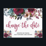 Wedding Date Postponed Burgundy Navy Floral Announcement Postcard<br><div class="desc">Event postponed announcement template - burgundy red navy floral change of date postcard. Chich burgundy, marsala, navy painted watercolor roses, botanical blush floral arrangement wedding design with green leaves on white background. Feature an elegant handwritten typography design with text „Change the Date”. #3339 If you need help or matching items,...</div>
