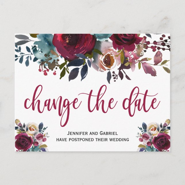 Wedding Date Postponed Burgundy Navy Floral Announcement Postcard (Front)
