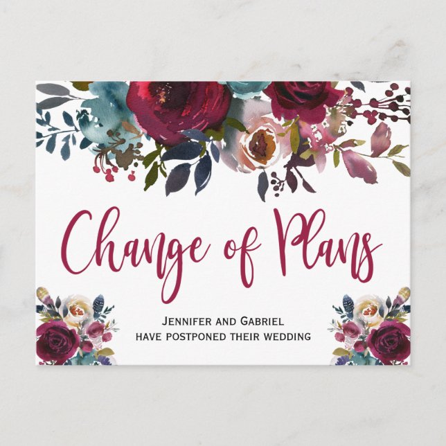 Wedding Date Postponed Burgundy Navy Floral Announcement Postcard (Front)