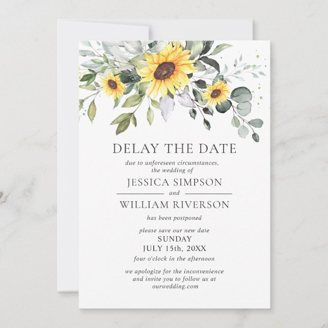 Wedding Date Postponement Eucalyptus Sunflowers Invitation (Front)