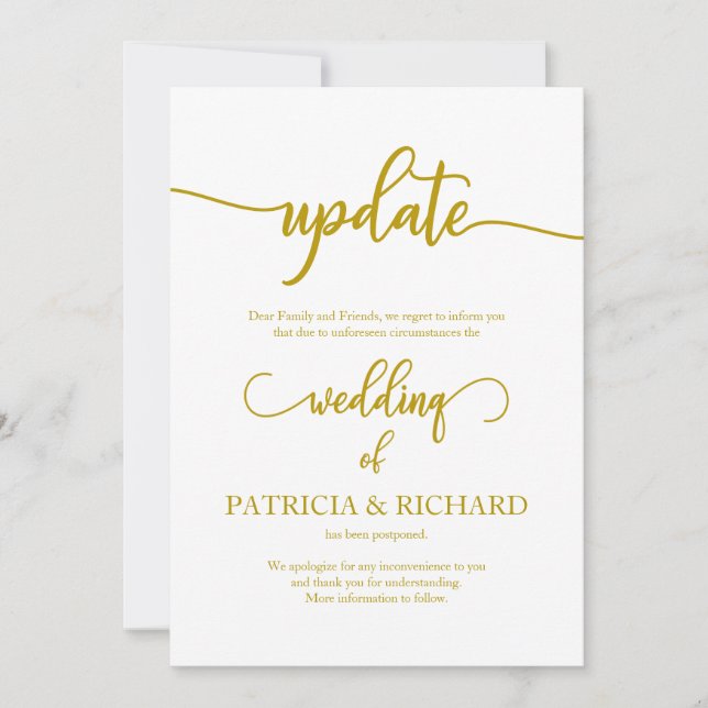 Wedding Date Postponement Update Elegant Gold Invitation (Front)
