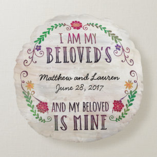 Wedding Date Watercolor, I Am My Beloved's Round Cushion