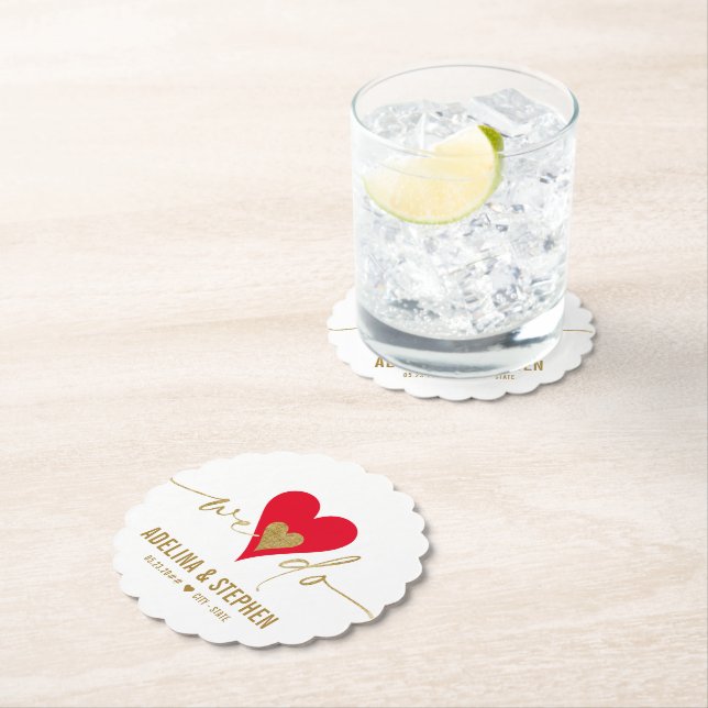Wedding Day Elegant Simple Heart We Do Gold Script Paper Coaster (Insitu)