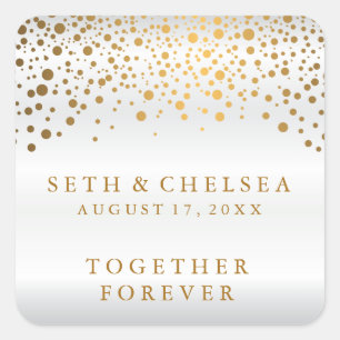 Wedding Day Gold Dots on White Satin Square Sticker