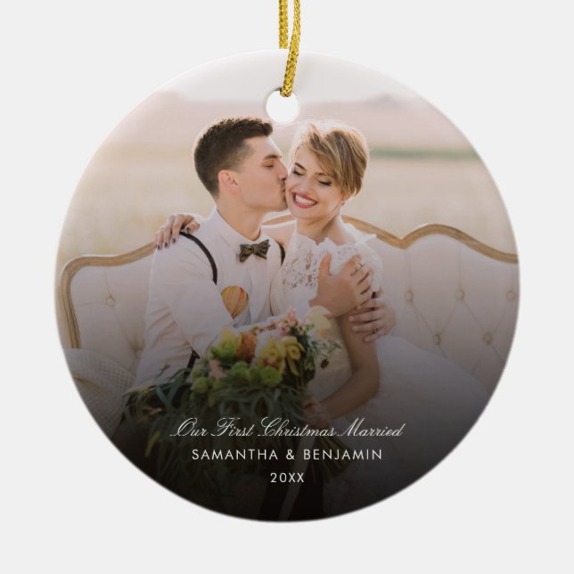 Wedding Day Photo Script Couples Holiday Keepsake Ceramic Tree Decoration (Front)