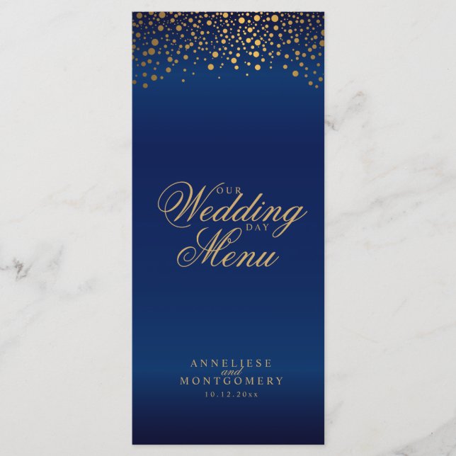 Wedding Day Trendy Gold Dots on Navy Blue -Menu Programme (Front)