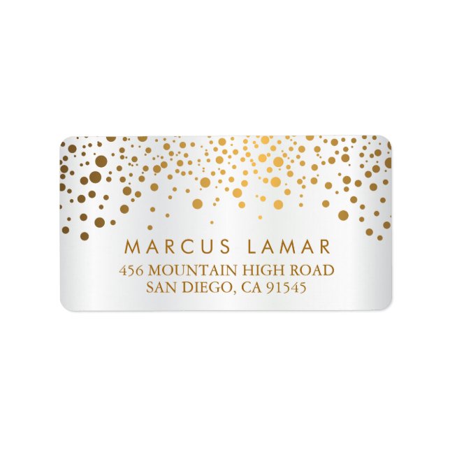 Wedding Day Trendy Gold Dots White Satin Label (Front)