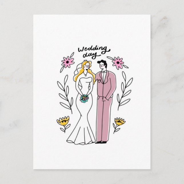 "Wedding Day" Whimsical Couple Illustration Postcard (Front)
