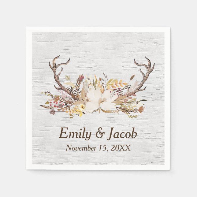 Wedding Deer Antlers on Birch Napkin (Front)