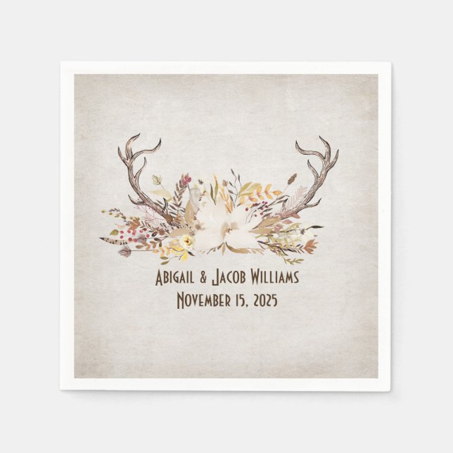 wedding-deer antlers with autumn floral bouquet napkin (Front)