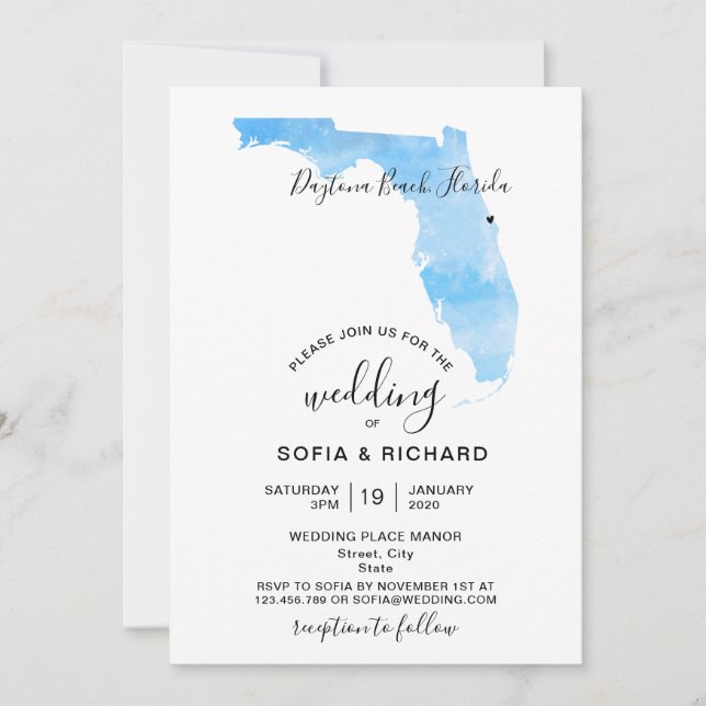 Wedding Destination Florida Map Removable Heart In Invitation (Front)
