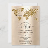 Wedding Destination Glitter Gold World Map Invitation (Front)