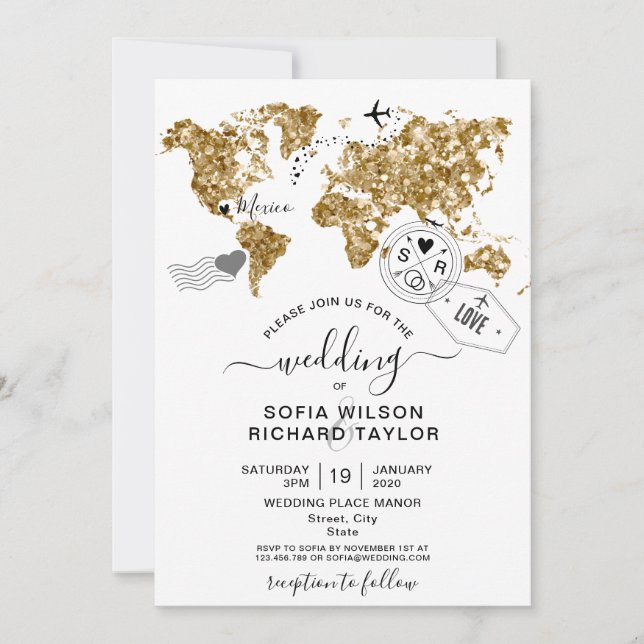 Wedding Destination Glitter Gold World Map Invitation (Front)