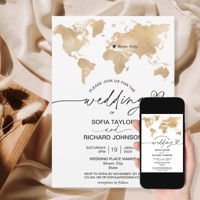 Wedding Destination Gold World Map Heart Invitatio Invitation (Creator Uploaded)