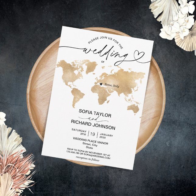 Wedding Destination Gold World Map Heart Invitatio Invitation (Creator Uploaded)