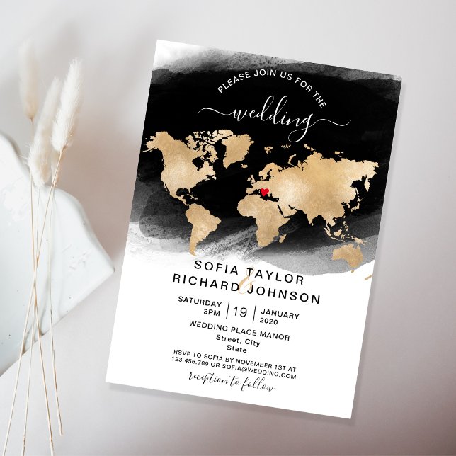 Wedding Destination Gold World Map Heart Invitatio Invitation (Creator Uploaded)