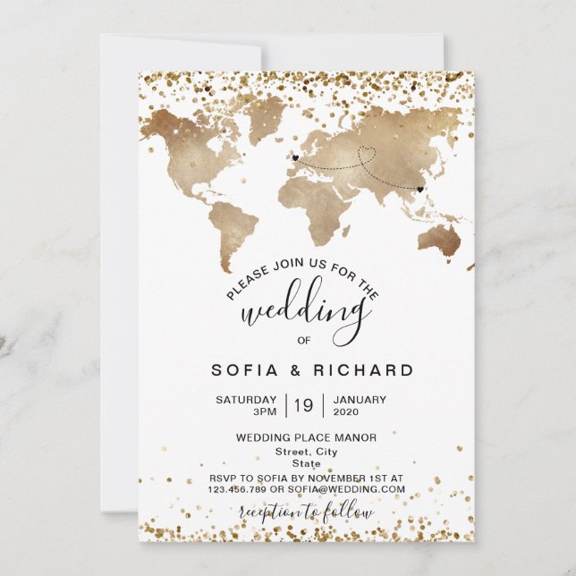 Wedding Destination Gold World Map Heart Invitatio Invitation (Front)
