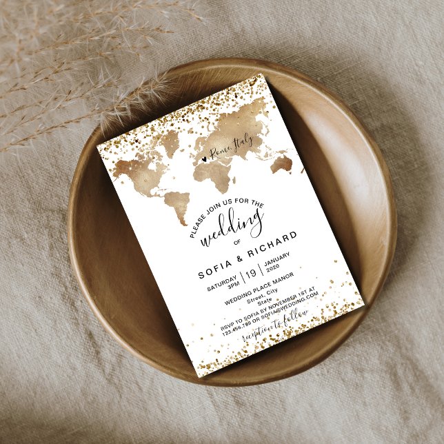 Wedding Destination Gold World Map Heart Invitation (Creator Uploaded)