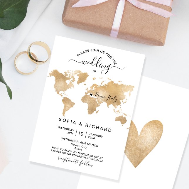 Wedding Destination Gold World Map Heart Invitation (Creator Uploaded)