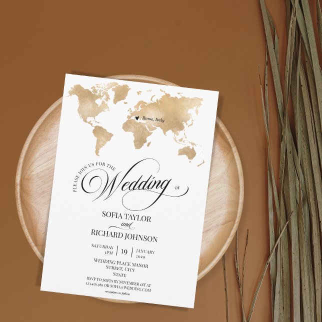 Wedding Destination Gold World Map Typography Invi Invitation (Creator Uploaded)