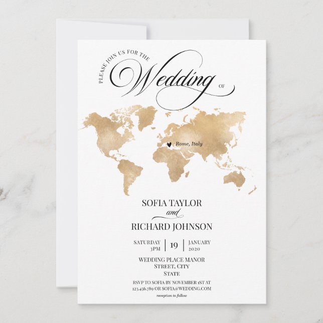 Wedding Destination Gold World Map Typography Invitation (Front)