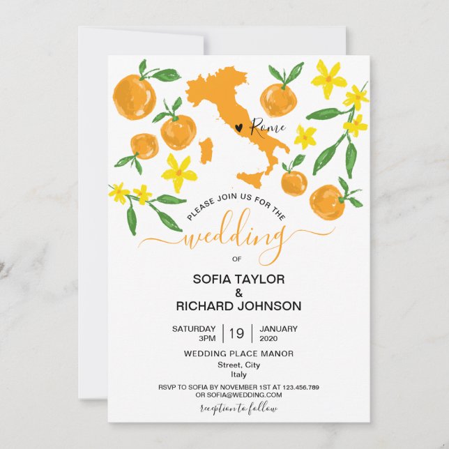 Wedding Destination Italy Orange Invitation (Front)