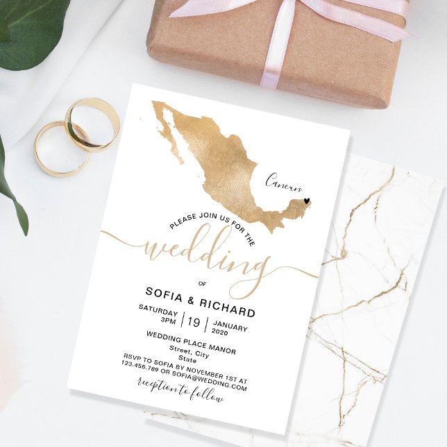 Wedding Destination Mexico Gold Moveable Heart  In Invitation (Creator Uploaded)