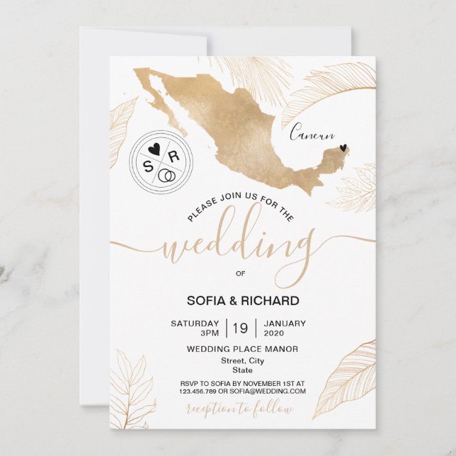 Wedding Destination Mexico Gold Moveable Heart  In Invitation (Front)