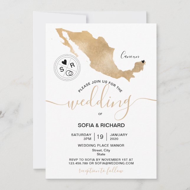Wedding Destination Mexico Gold Moveable Heart  In Invitation (Front)