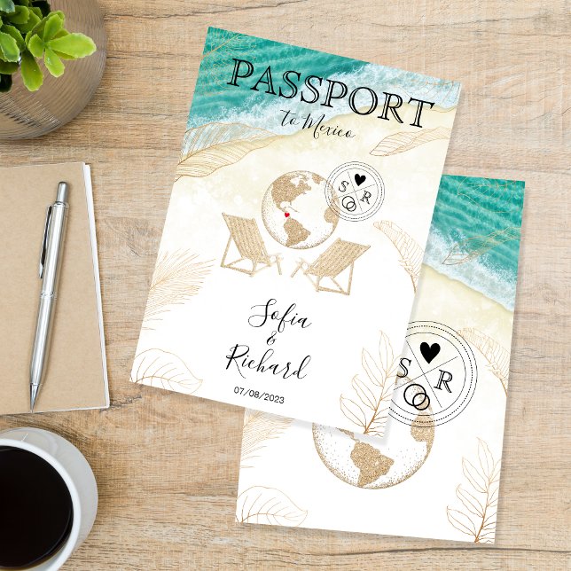 Wedding Destination Mexico Passport Gold World Map Invitation (Creator Uploaded)