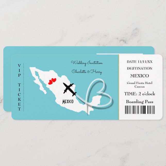 Wedding Destination Mexico Ticket Invitation (Front/Back)