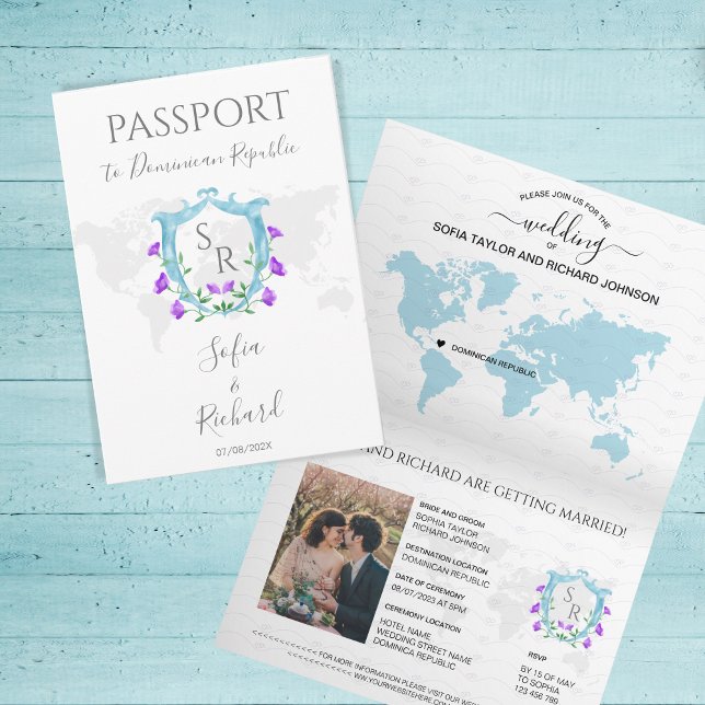 Wedding Destination Passport Blue Crest Monogram Invitation (Creator Uploaded)