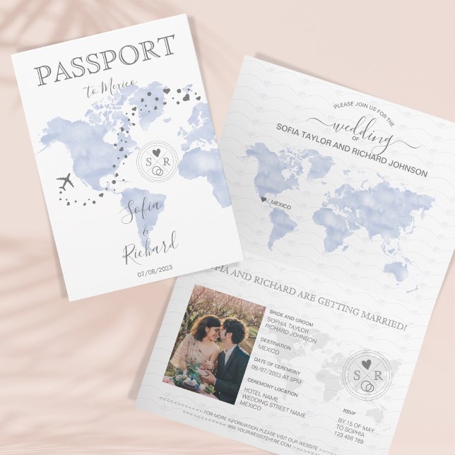 Wedding Destination Passport Blue World Map Blue Invitation (Creator Uploaded)