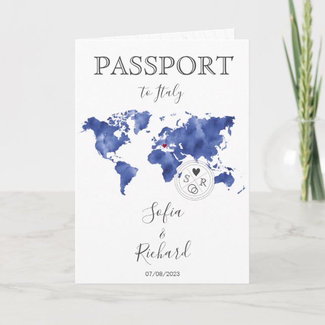 Wedding Destination Passport Gold World Map Blue Invitation (Front)
